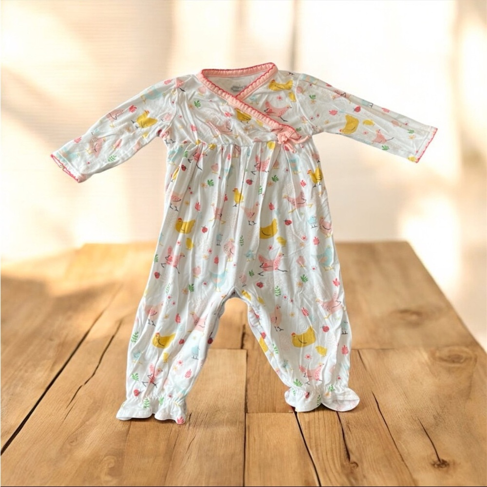 MUD PIE Bamboo Farm Chicken Romper White/Pink One Piece Girls 0-3 Months